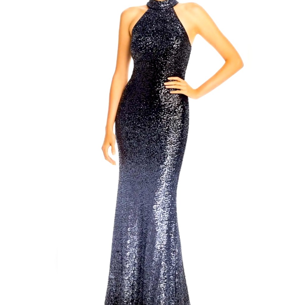 Aqua sequined halter gown size 8. Black and silver color